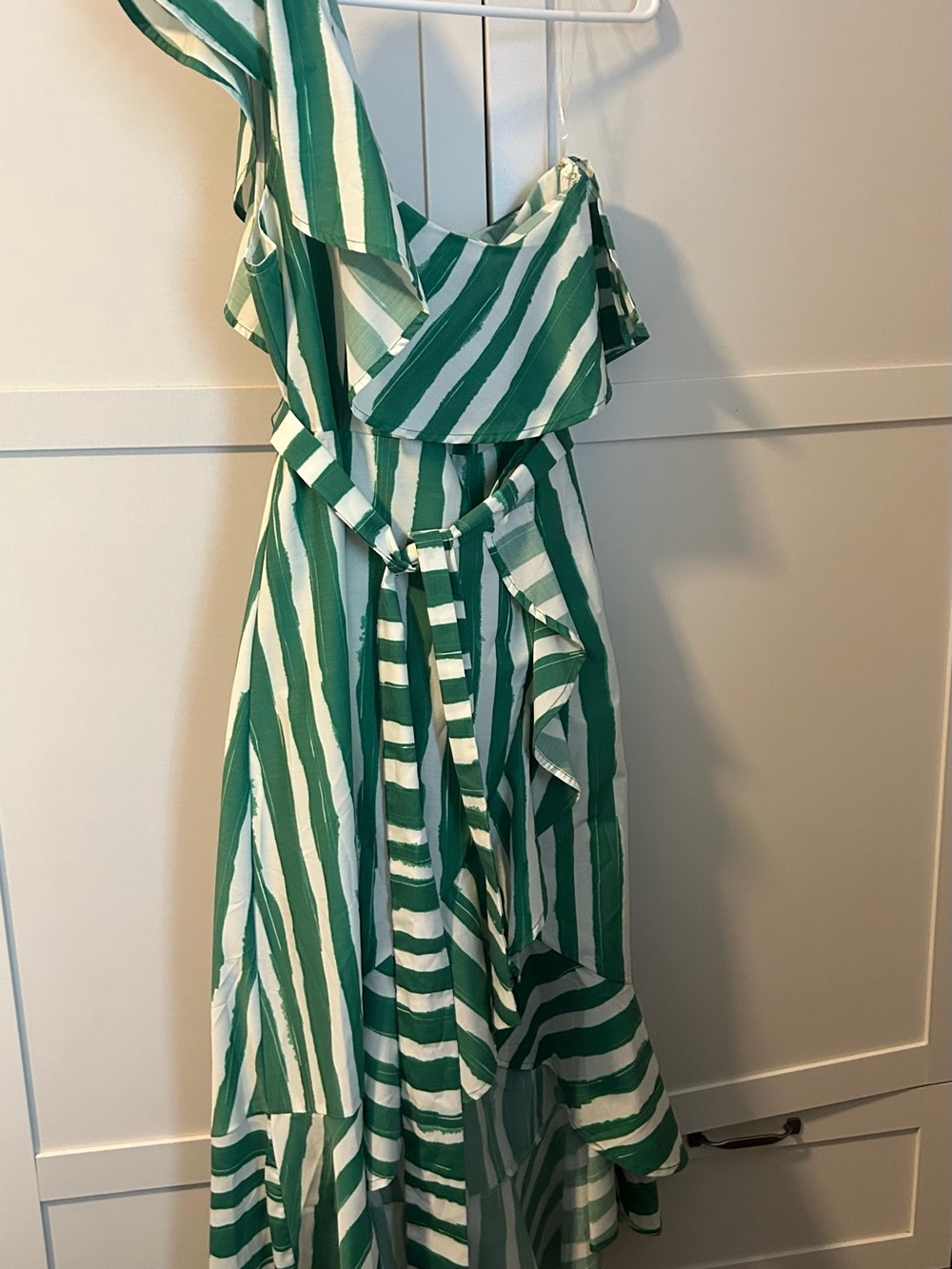 Flying Tomato Green and White Striped Asymmetrical Ruffle Dress